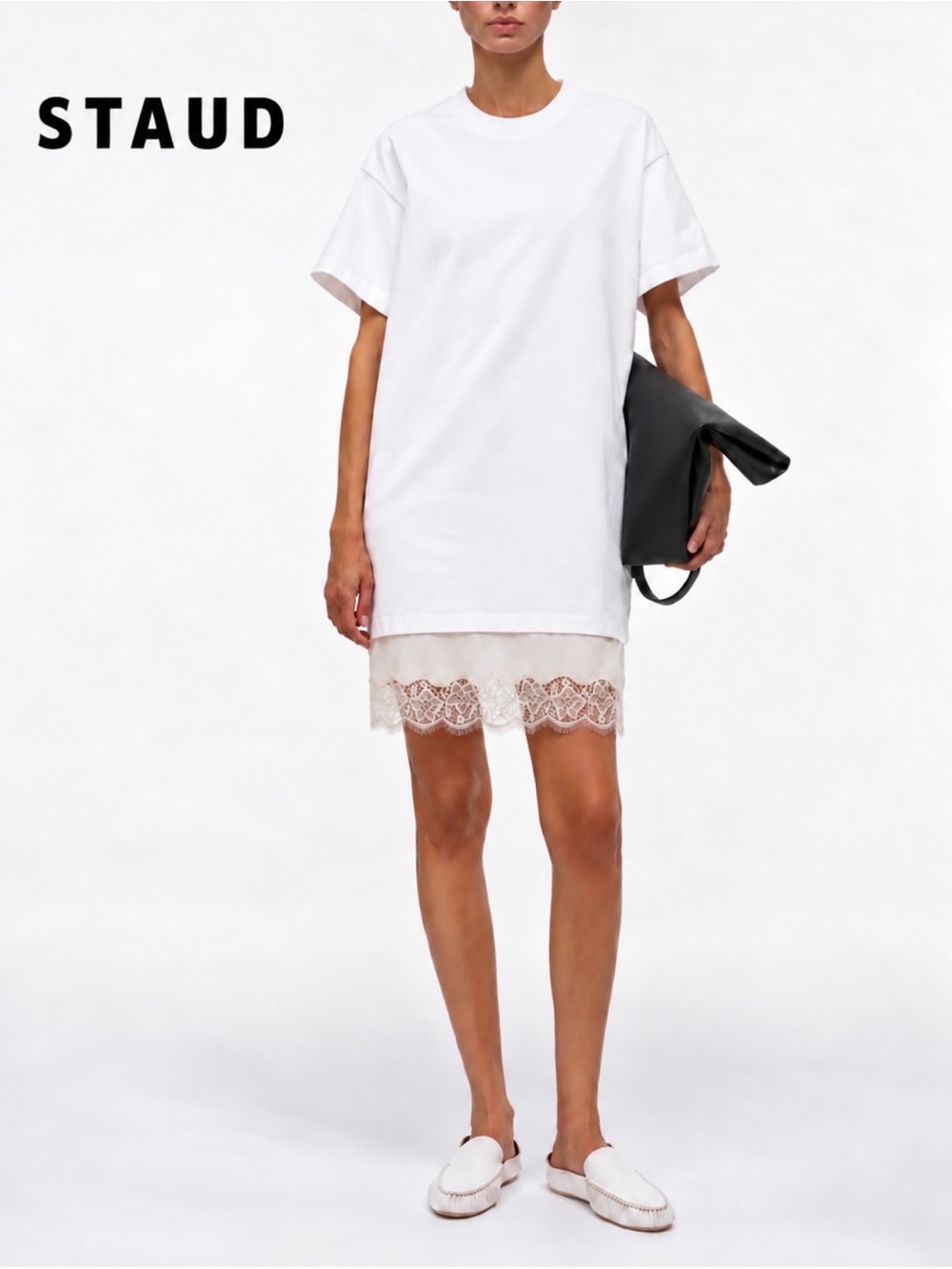 New🌺$345 STAUD Grier Lace Hem Shift Dress Ivory White NWT Size S
